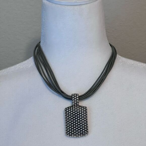 Artisan Olive Leather and Stamped Silver Pendant Necklace - Picture 1 of 15